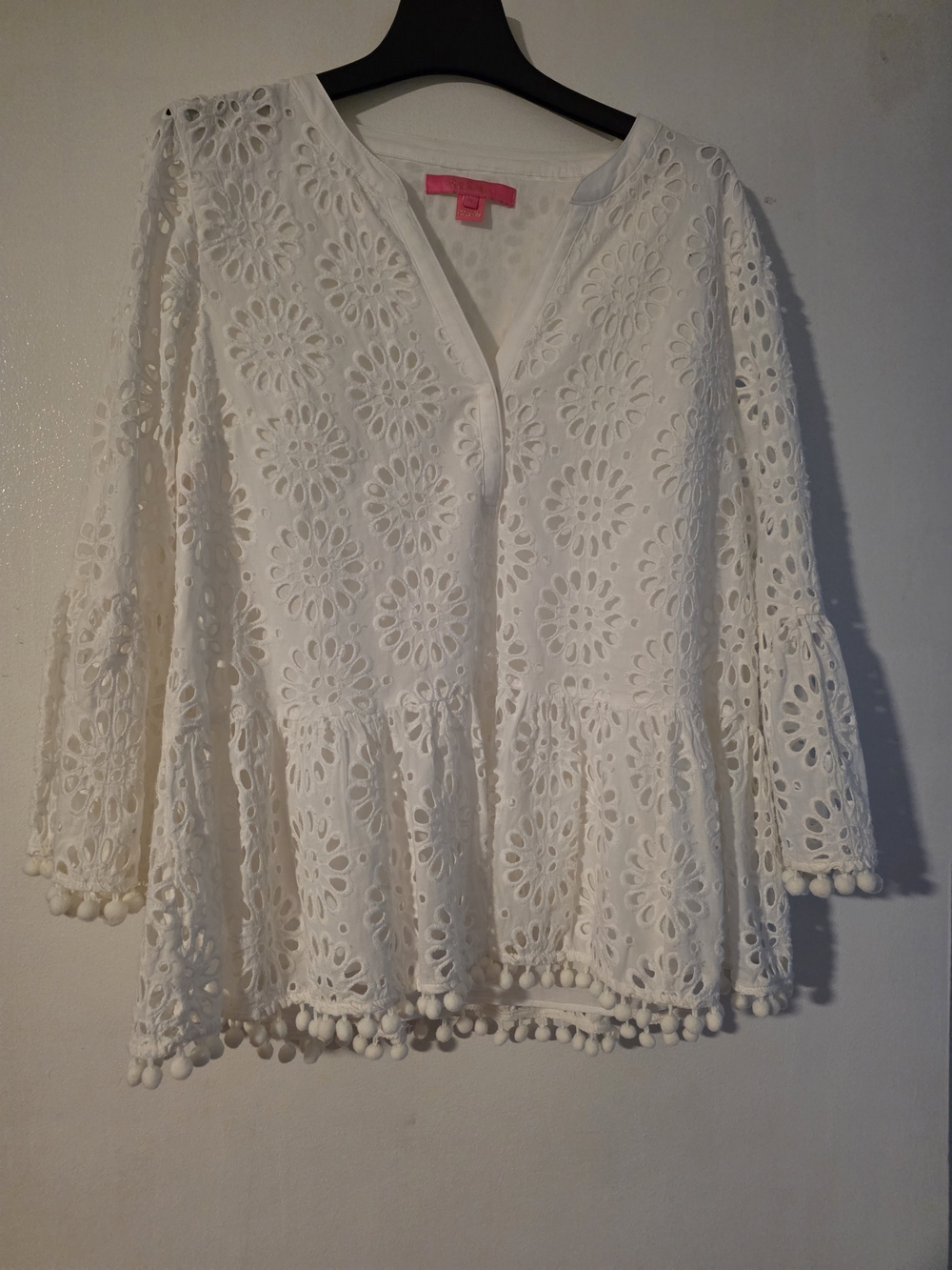 Lilly Pulitzer White Eyelet Peplum Tunic with Pom Trim